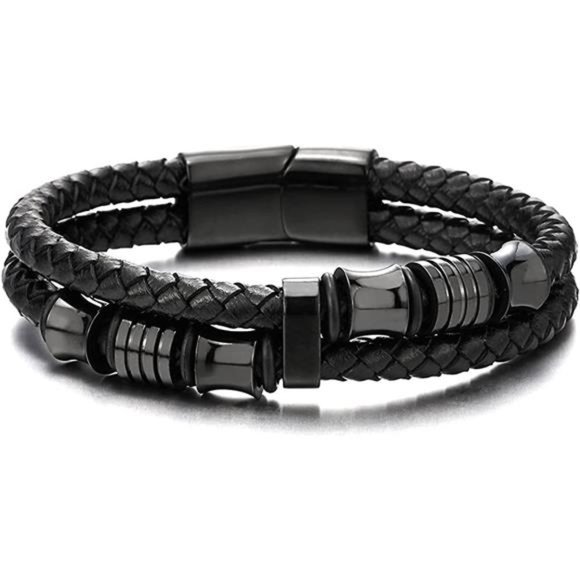 Mens Double-Row Braided Leather Bracelet Bangle Wristband Stainless Steel Gift - Picture 6 of 6